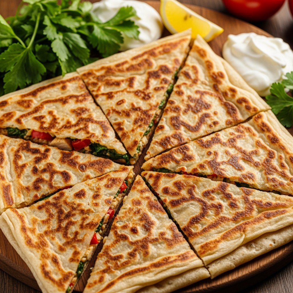 Golden gozleme cut into triangles, served with yoghurt, lemon and parsley